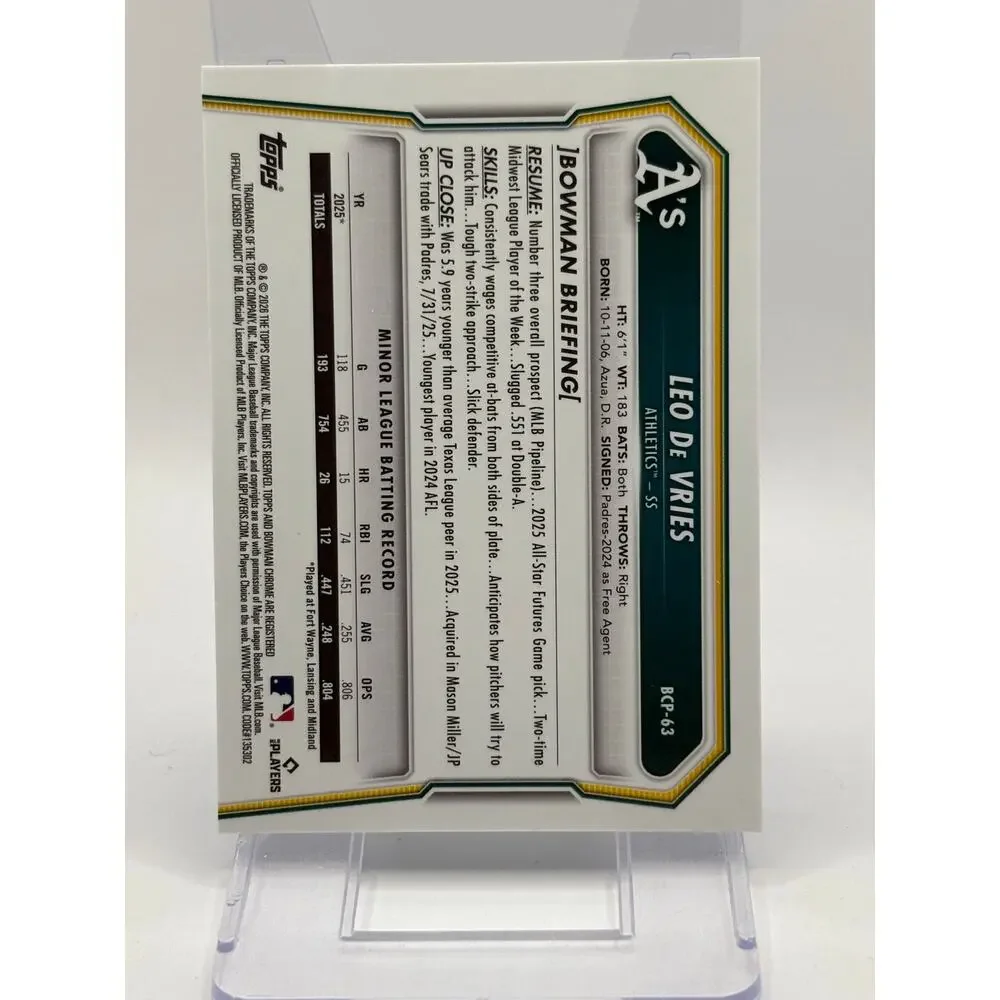 2026 Bowman Chrome Sapphire Leo De Vries Chrome Prospect Oakland Athletics